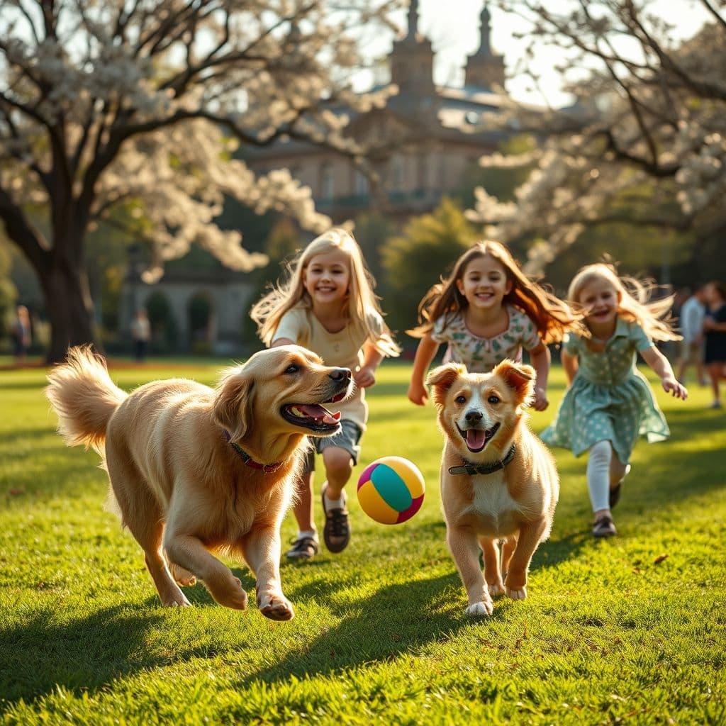 Familia feliz con dos perros adoptados jugando en el parque