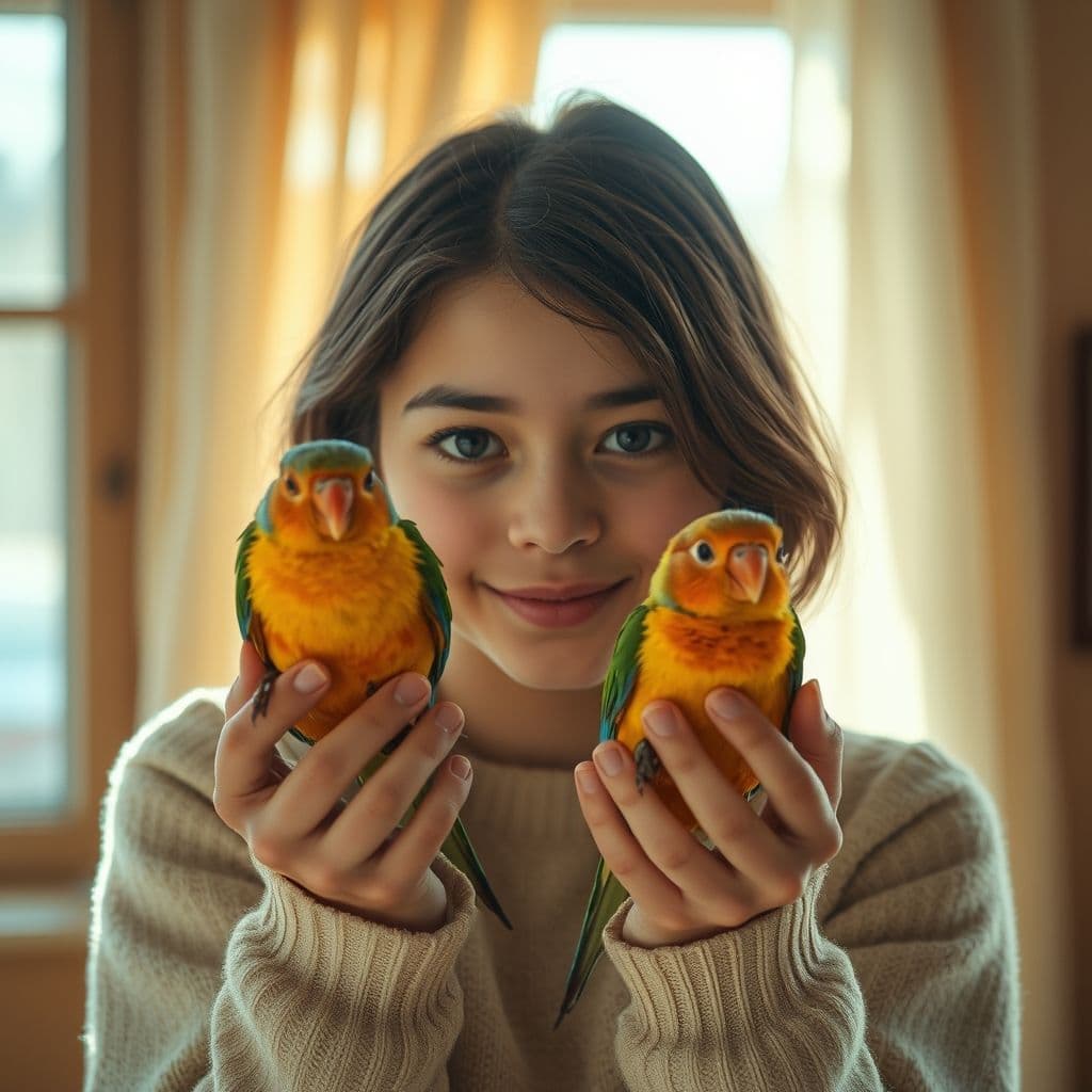 Mujer sosteniendo agapornis rescatados con mirada compasiva en interior acogedor