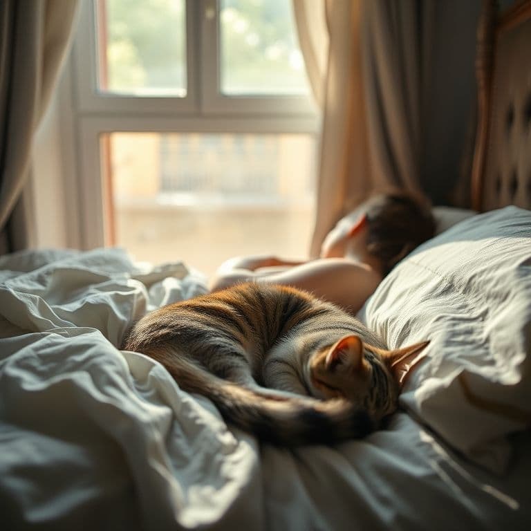 Gato naranja acurrucado en la cama junto a su dueño dormido, con luz suave de amanecer filtrándose por la ventana