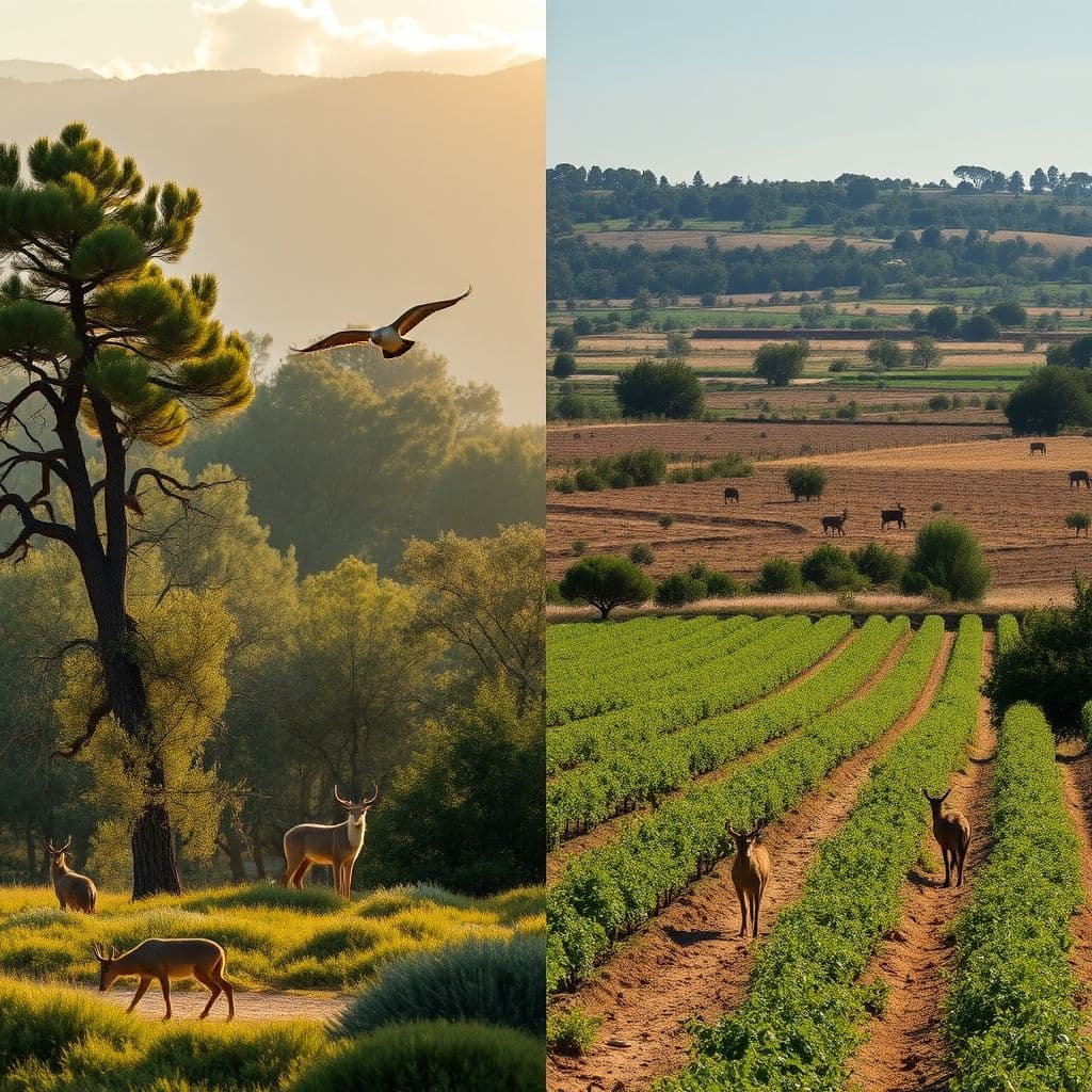 Comparación visual entre un ecosistema equilibrado y uno alterado por prácticas de caza insostenibles.