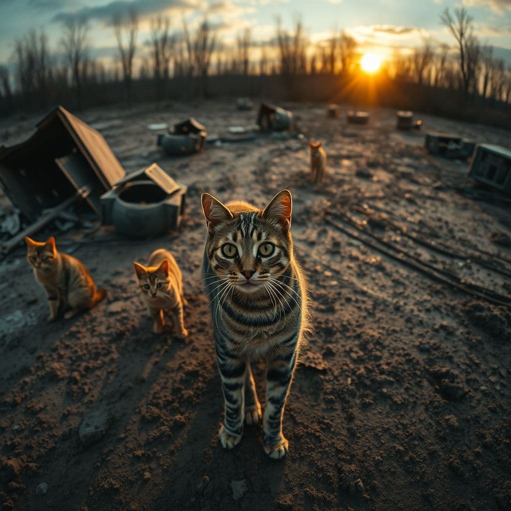 Gatos callejeros en una colonia con casetas destruidas por maquinaria pesada
