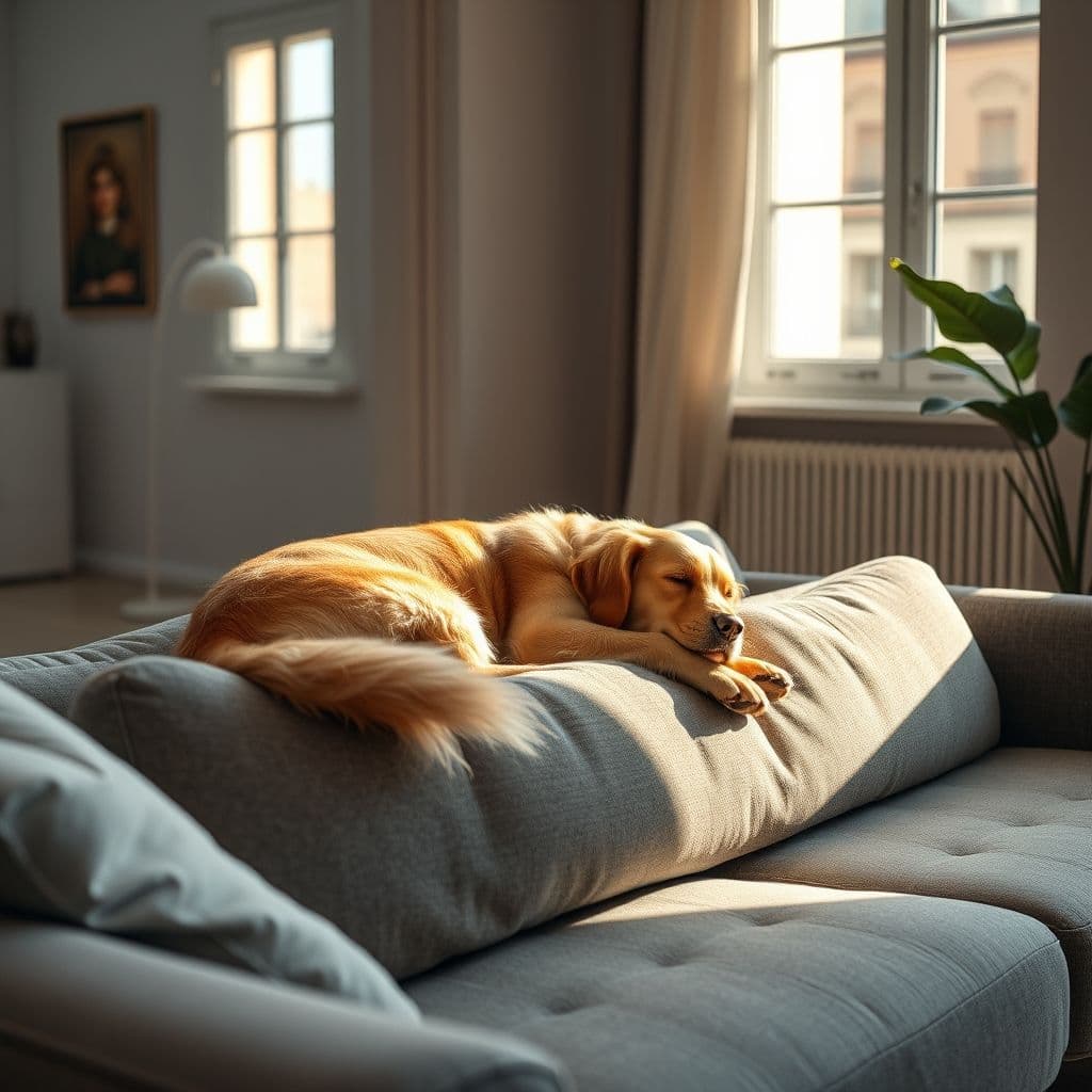 Perro labrador durmiendo cómodamente en un sofá moderno de sala de estar