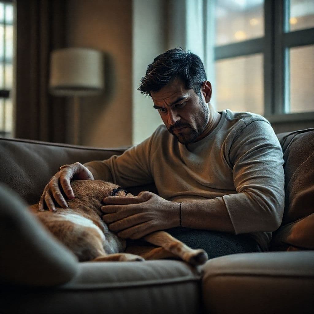 Dueño preocupado examinando a perro con síntomas de parvovirus en casa