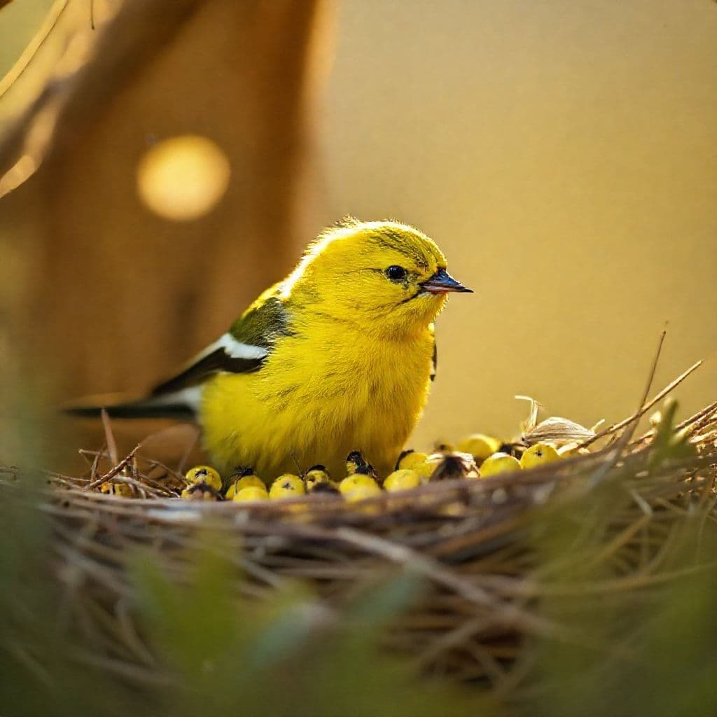 Canario adulto alimentando a sus crías en nido bien construido