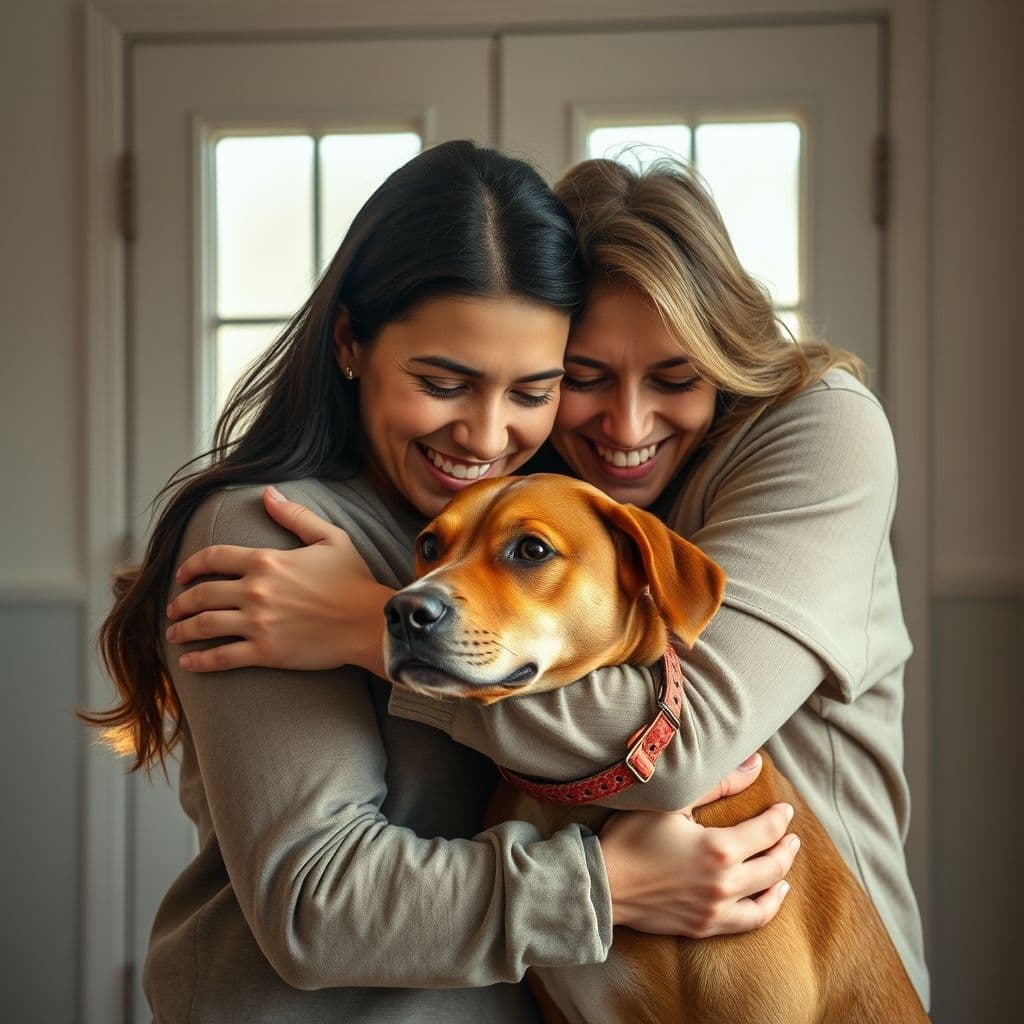 Familia abrazando a un perro mestizo recién adoptado