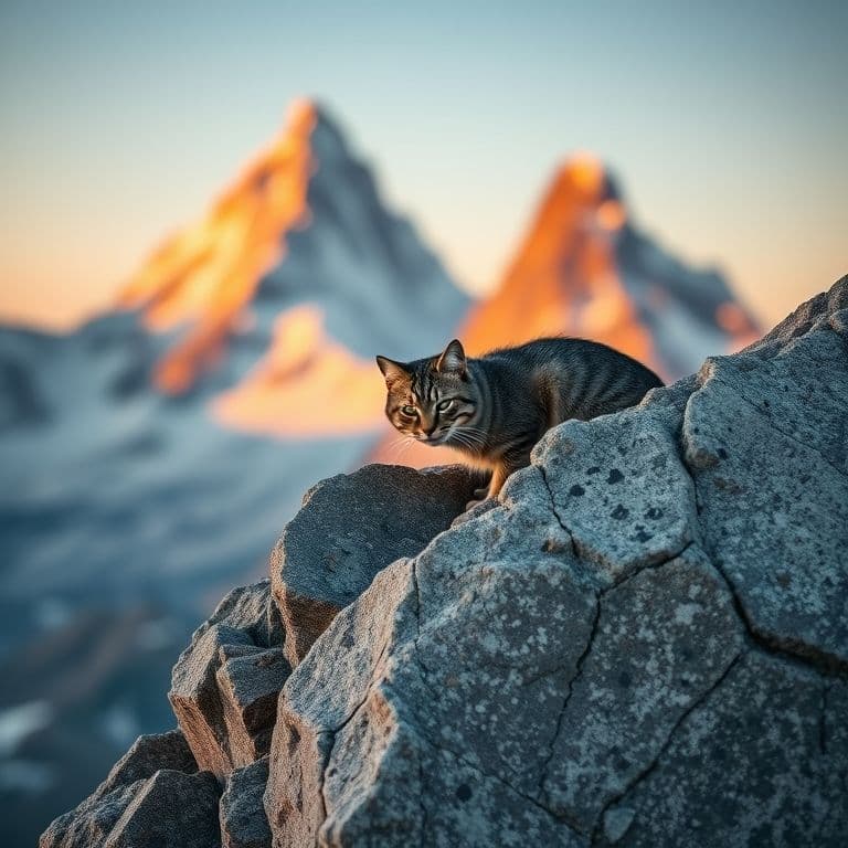 Gato atigrado posado en una roca en los Alpes suizos, mirando hacia el horizonte con actitud de guía.