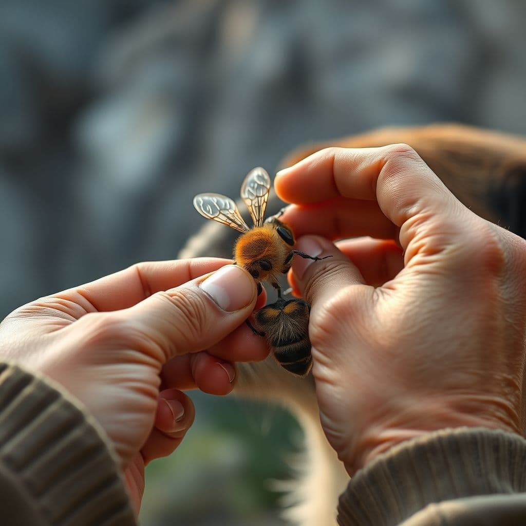 Dueño retirando aguijón de abeja de la pata de un perro con tarjeta