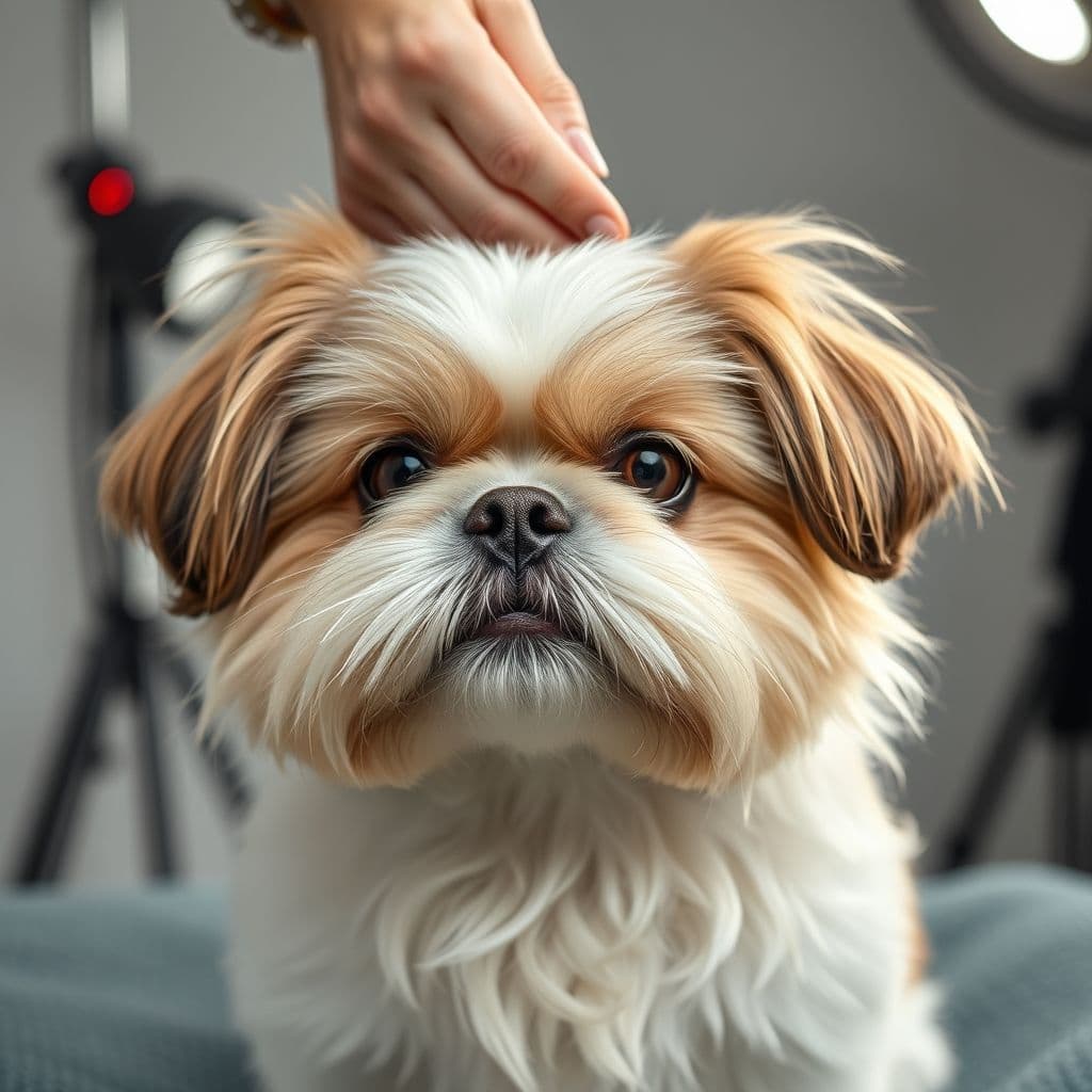 Shih Tzu siendo cepillado cuidadosamente mientras disfruta del momento de cuidado