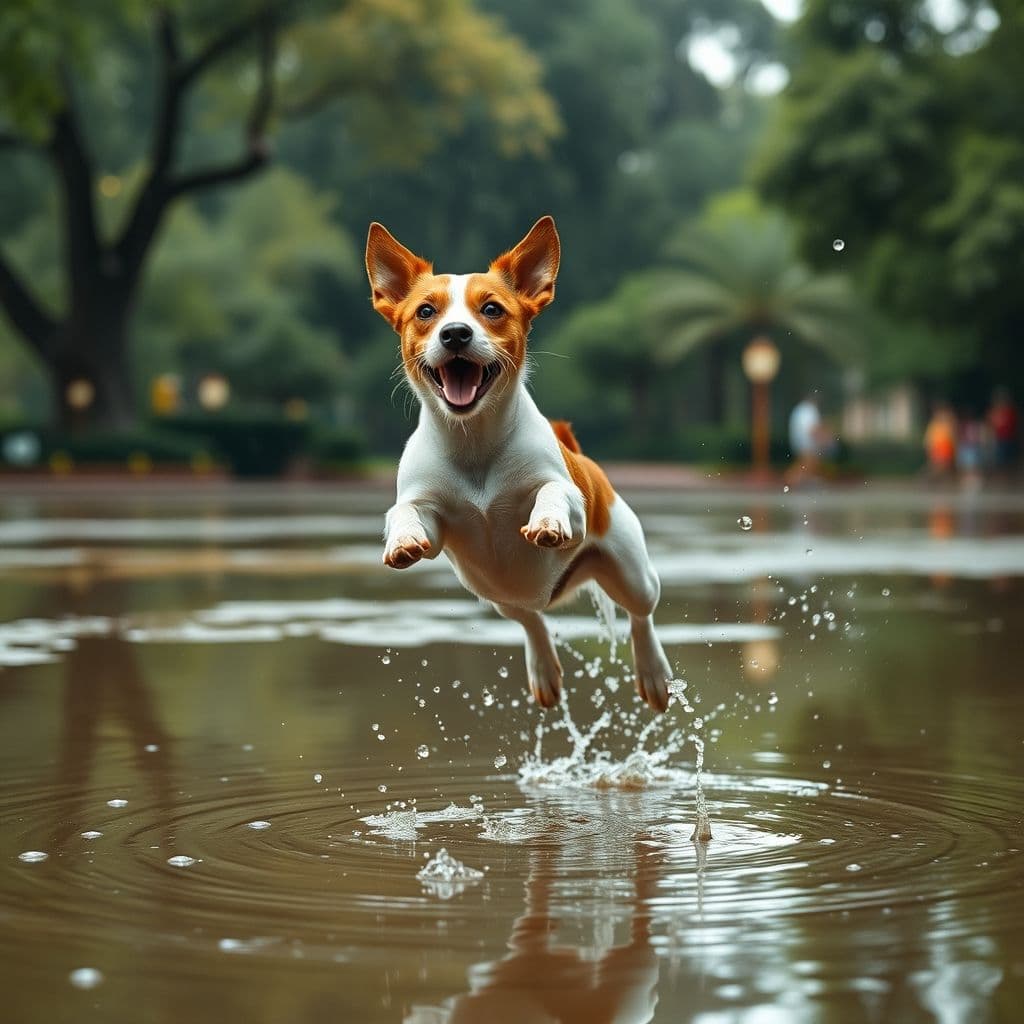 Perro pequeño saltando feliz en un charco bajo la lluvia.