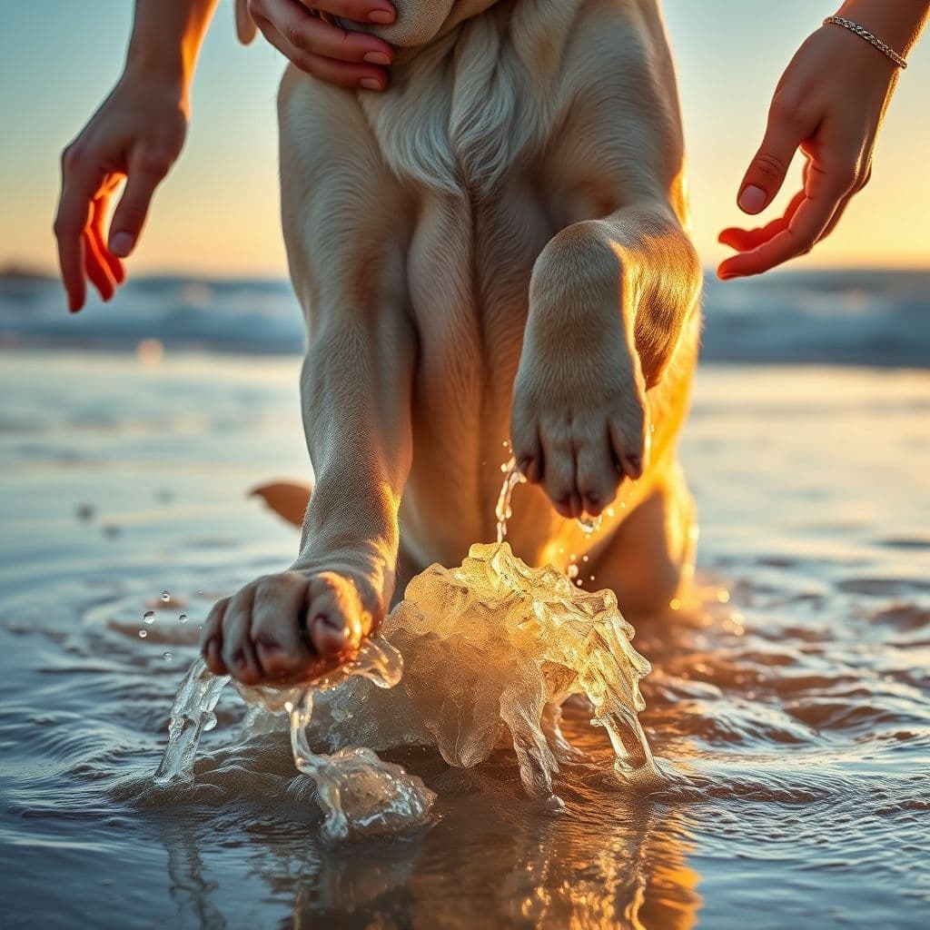 Perro siendo mojado correctamente en pecho y almohadillas