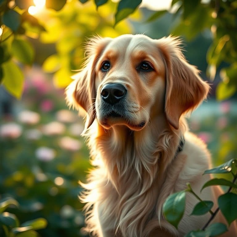 Cachorro golden retriever de 2 meses explorando el jardín con curiosidad bajo la luz suave de la mañana