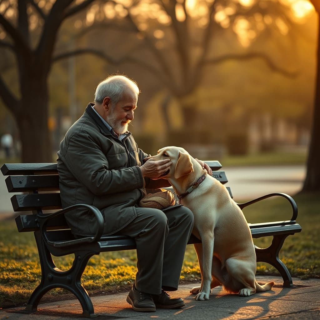 Hombre anciano hablando con su perro en el parque