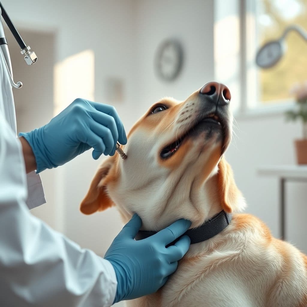 Veterinario implantando microchip a perro en clínica