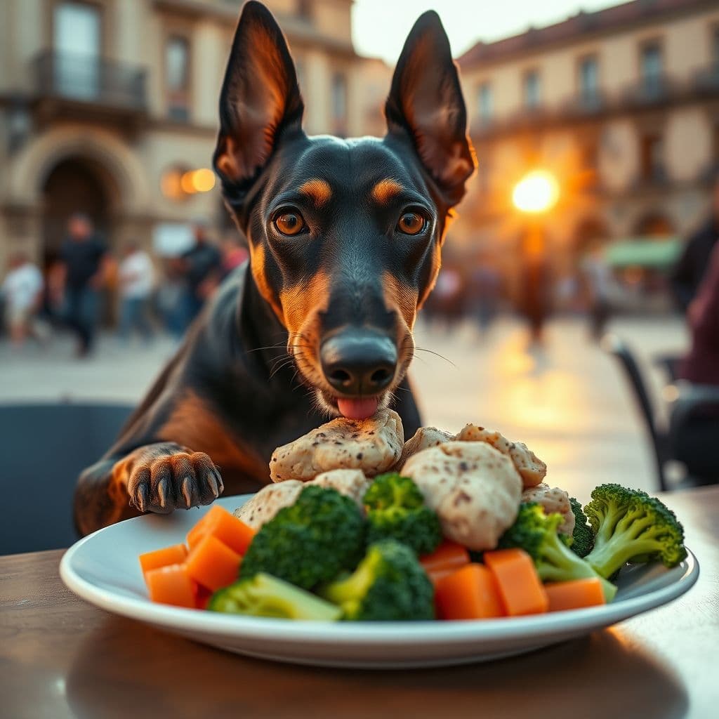 Pinscher adulto disfrutando de una comida saludable con pollo y verduras.