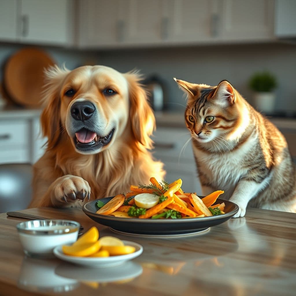 Perro y gato comiendo alimentos saludables como huevo, zanahoria y plátano en cocina moderna