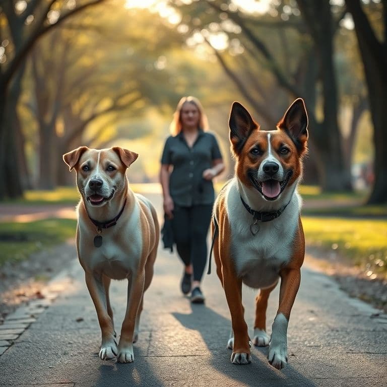 Dueño caminando con dos perros que anteriormente peleaban, mostrando armonía restaurada