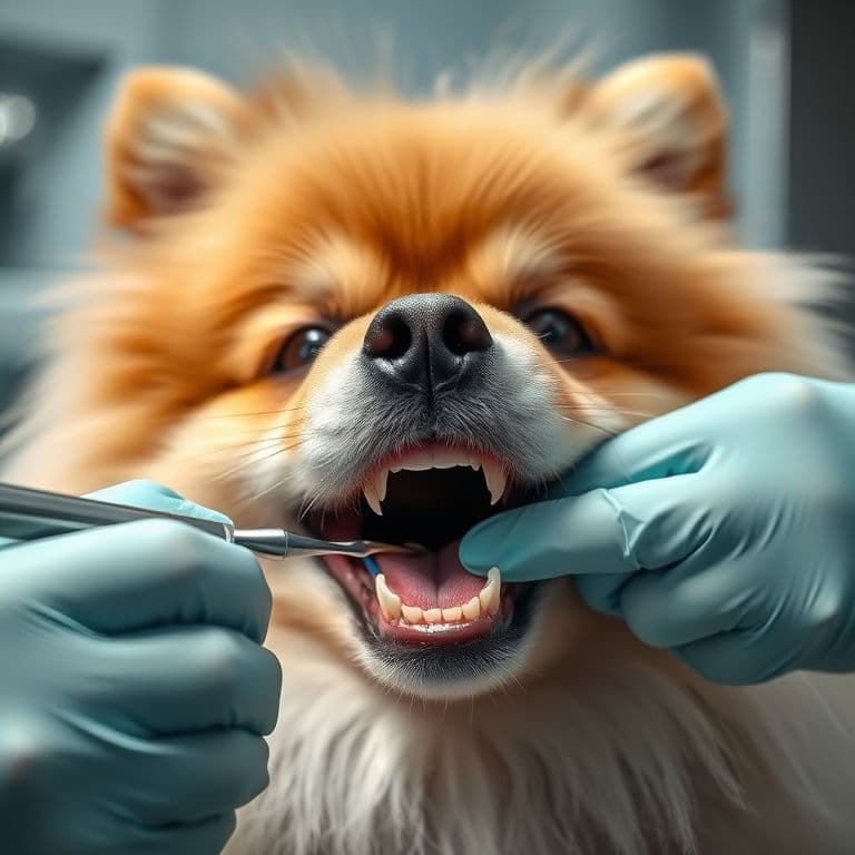 Dueño cepillando cuidadosamente los dientes de un Pomerania con cepillo especial