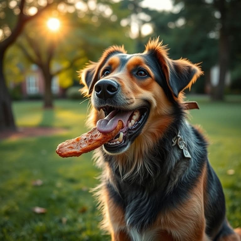 Perro de raza grande, como un pastor alemán, masticando con satisfacción un snack natural seguro en un jardín