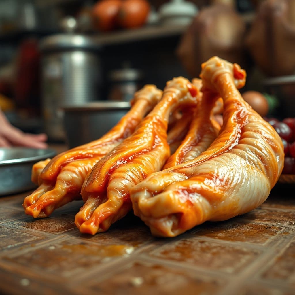 Patas de pollo crudas y cocidas para perros, mostrando su textura cartilaginosa.