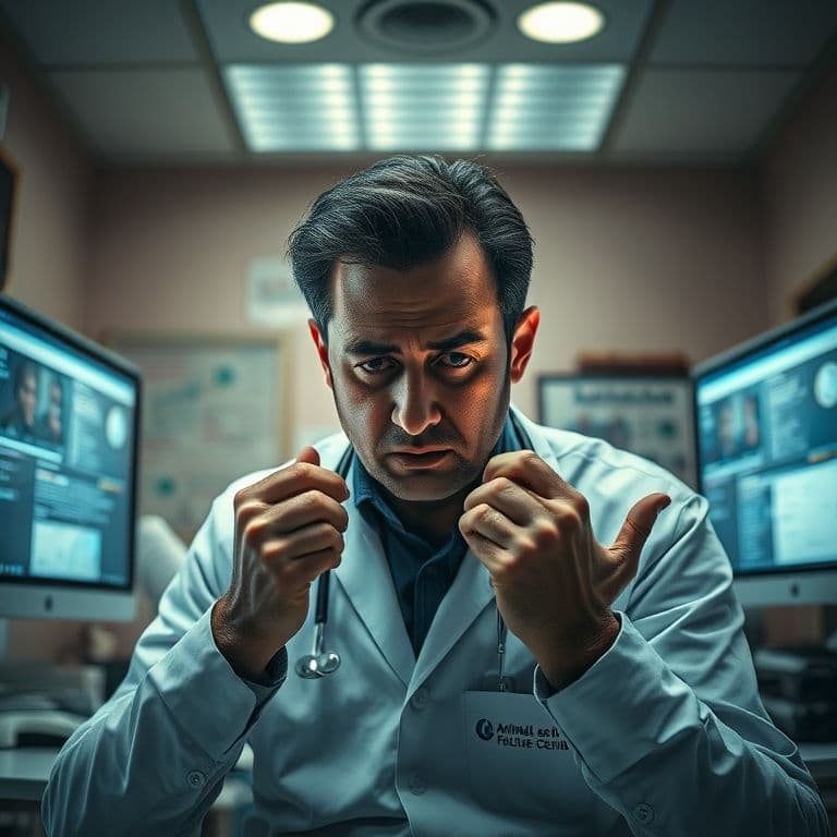 Persona estresada mirando múltiples pantallas con información médica veterinaria contradictoria