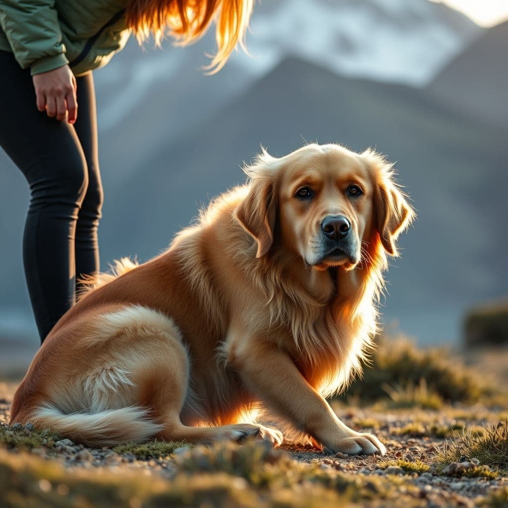 Perro siendo examinado cuidadosamente tras una caída, con expresión de dolor y dueño preocupado
