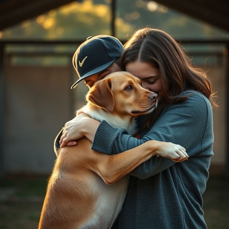 Momento emotivo de adopción de un perro adulto en un refugio