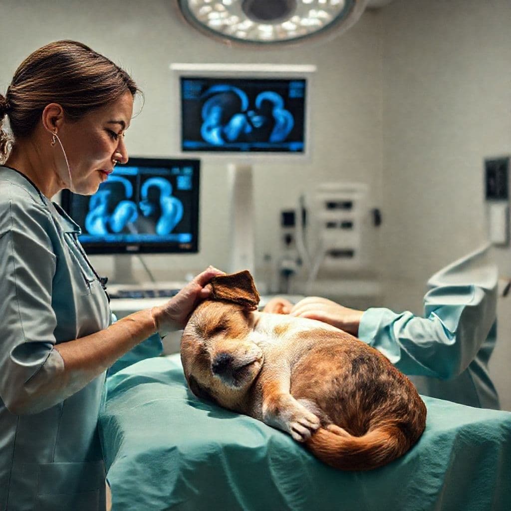 Veterinario realizando ecografía a perro con posible problema renal