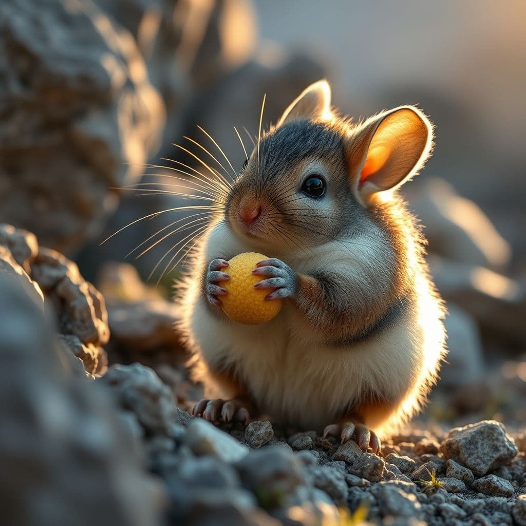 Chinchilla usando sus pequeñas manos para sostener un trozo de comida
