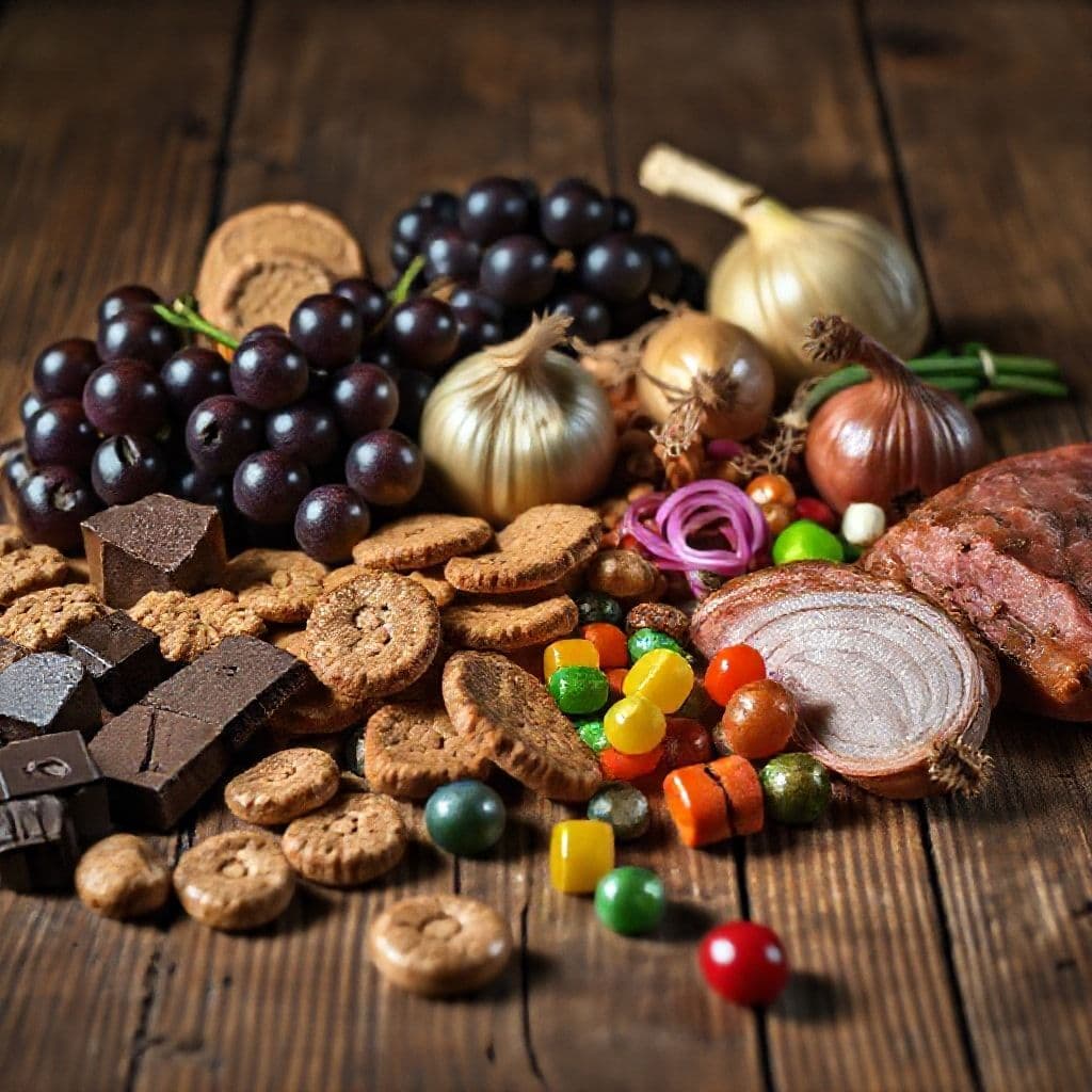 Alimentos peligrosos para perros como chocolate y uvas junto a comida segura