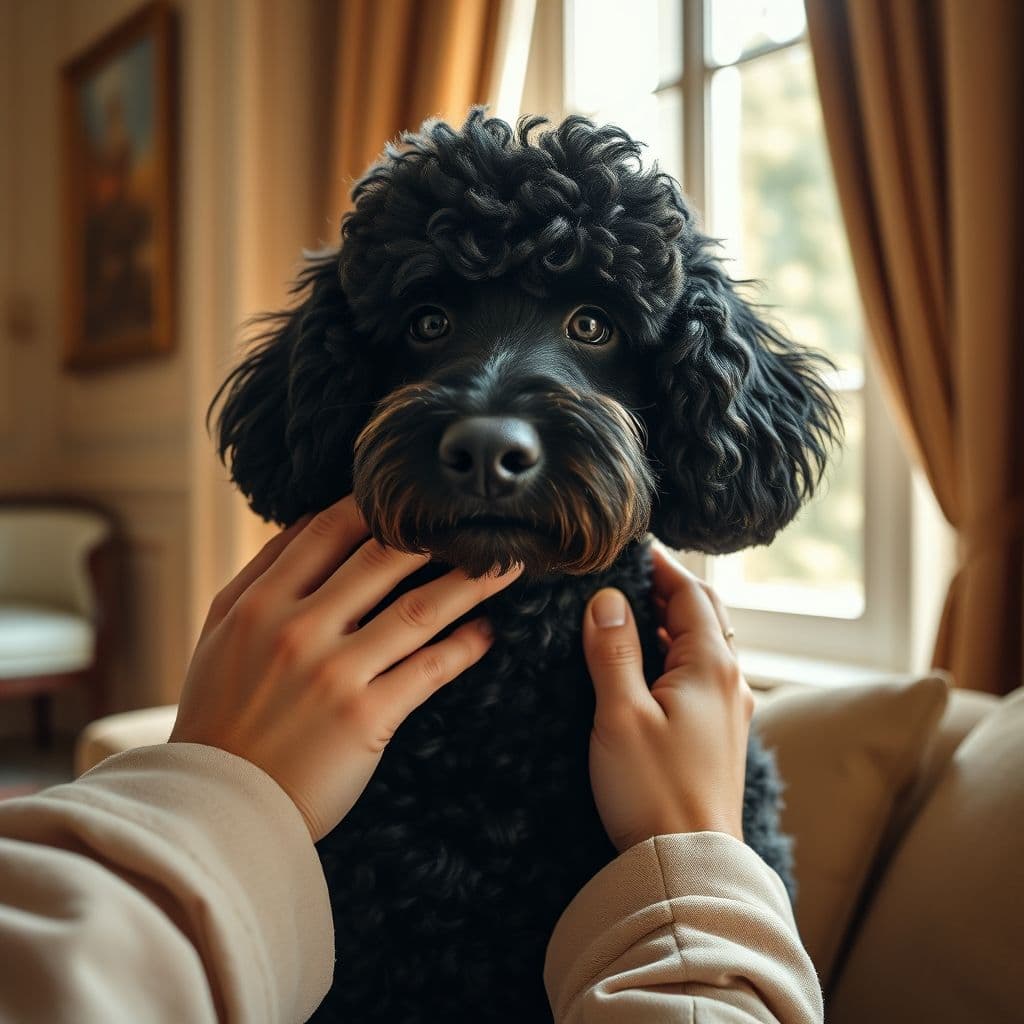 Dueño revisando la piel de su perro en casa con cuidado