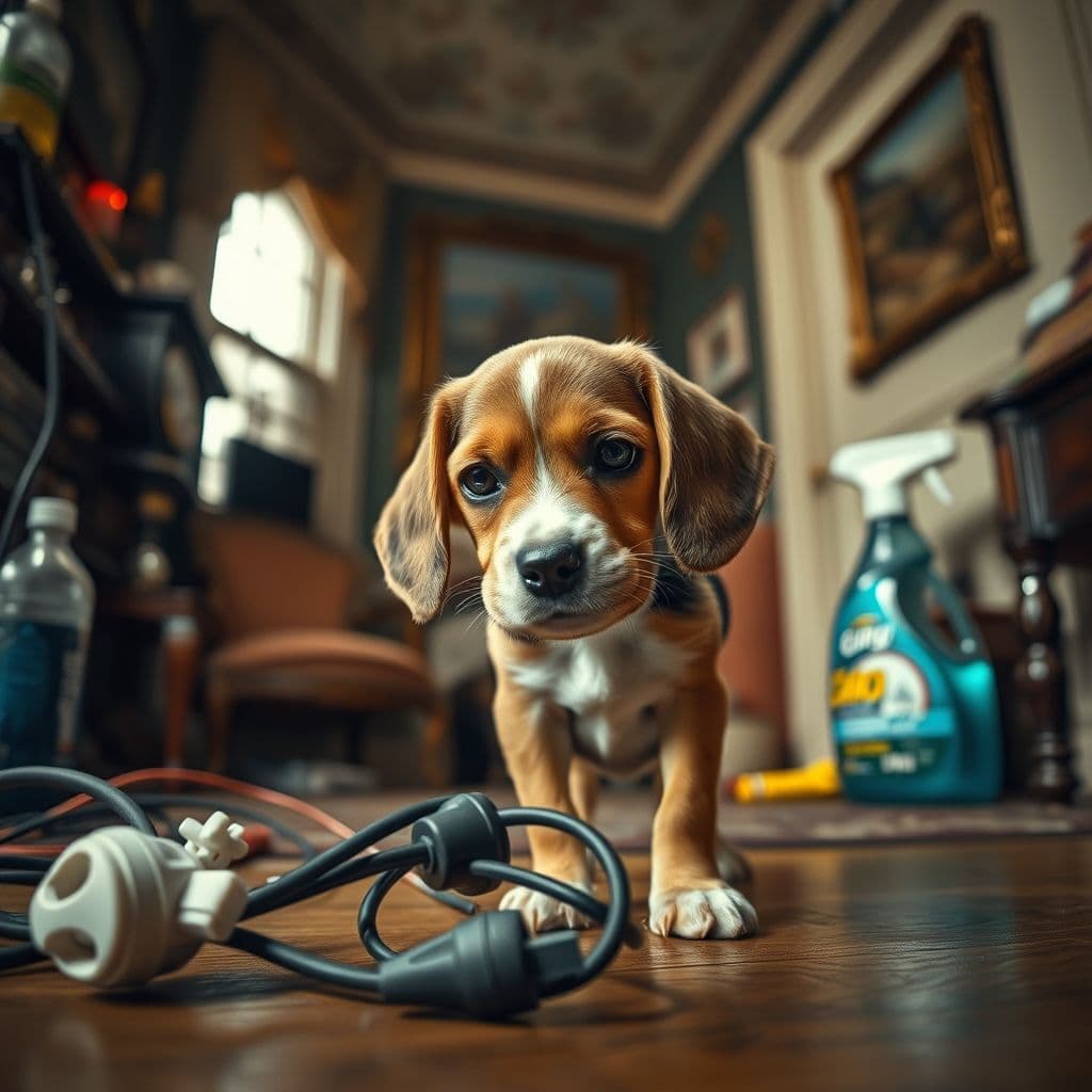 Cachorro curioso investigando objetos peligrosos en el suelo de una casa