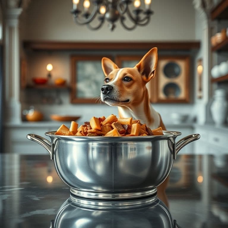 Cuenco de acero inoxidable brillante y limpio junto a comida para perros