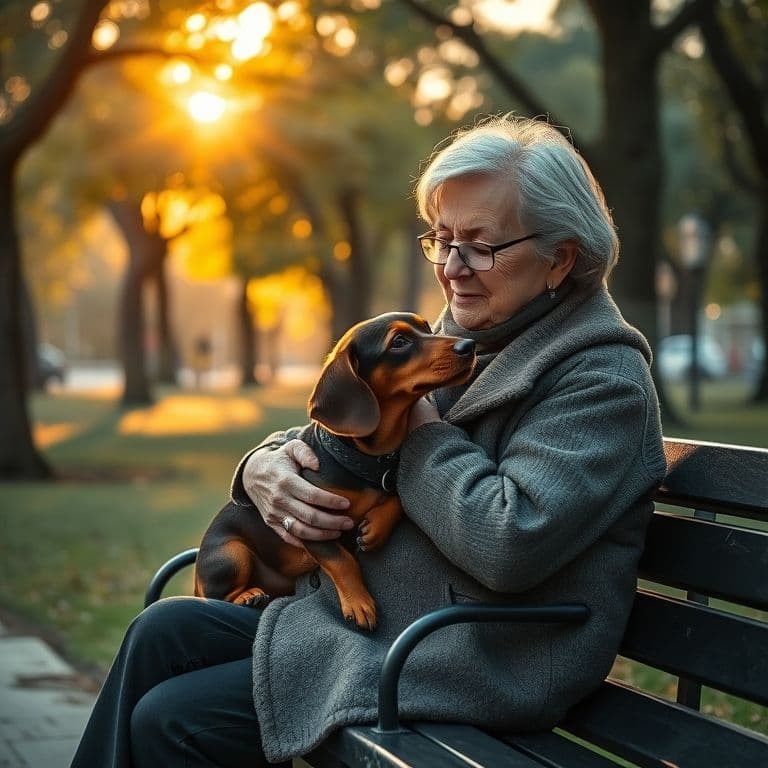 Persona mayor acariciando a un perro teckel en un parque