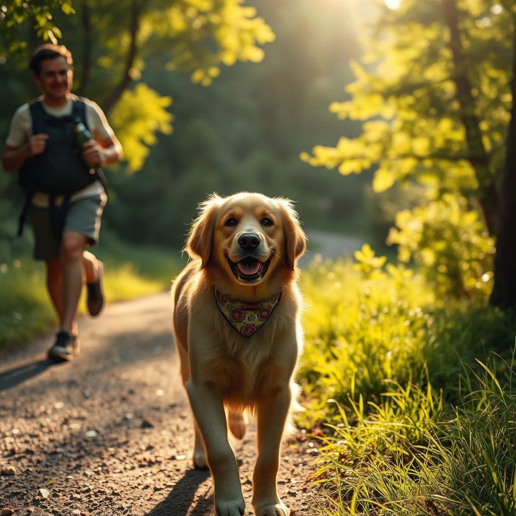Perro golden retriever caminando por un sendero sombreado en un día soleado, con dueño llevando botella de agua