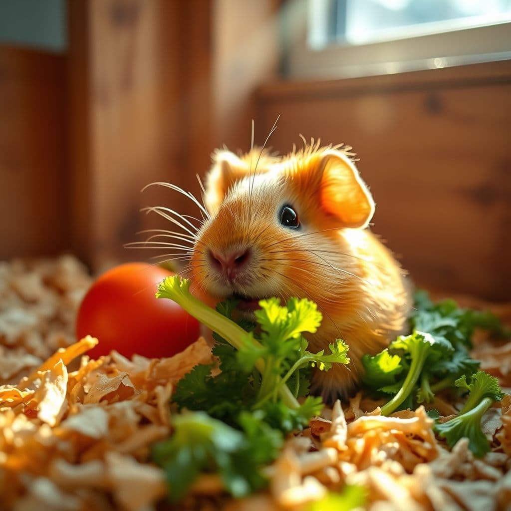 Cuy comiendo verduras frescas en su jaula