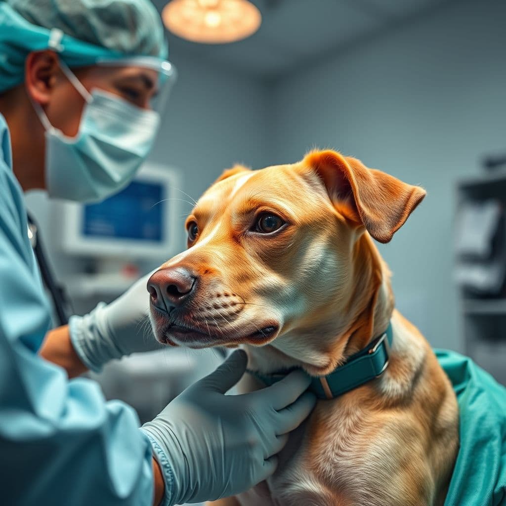 Veterinario administrando suero intravenoso a perro con parvovirus en clínica