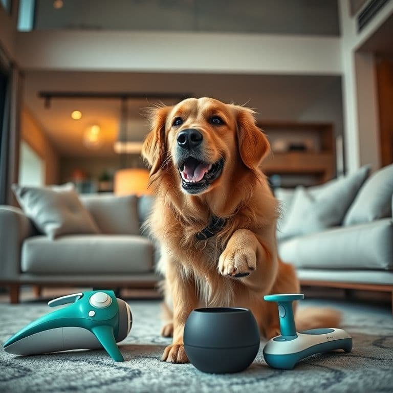 Perro feliz usando diversos productos innovadores para mascotas en un hogar moderno