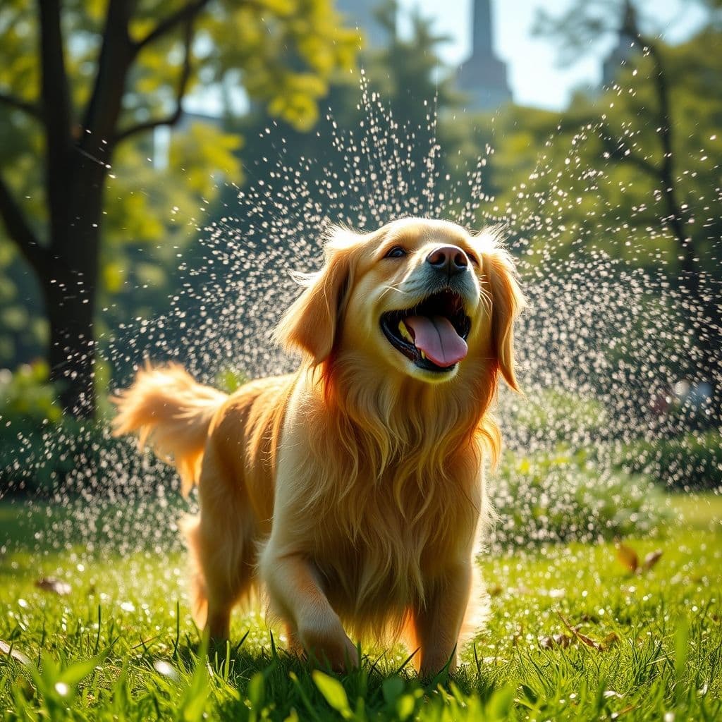 Perro refrescándose con agua en un día caluroso