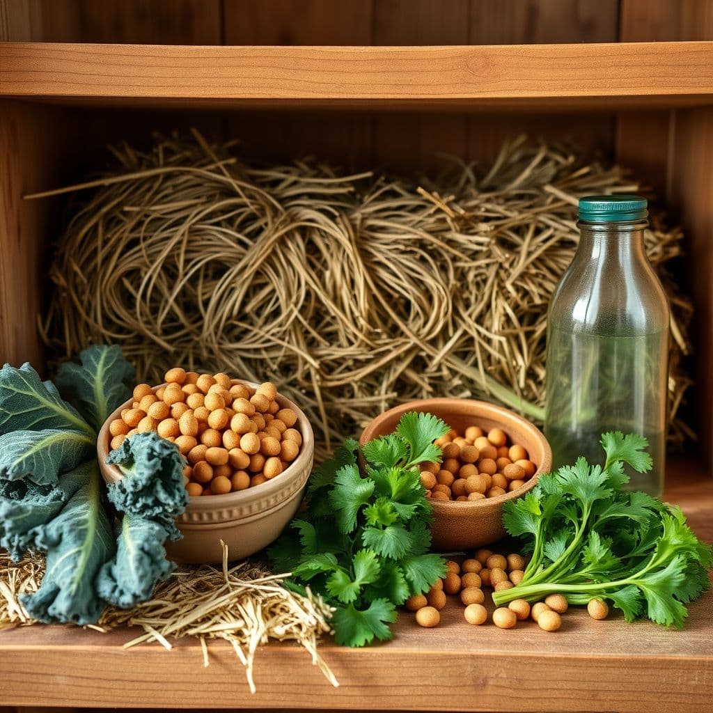 Variedad de alimentos saludables para conejos.