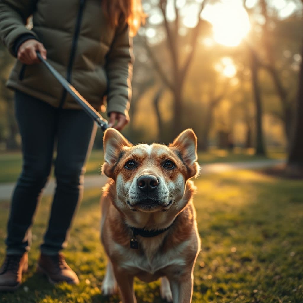 Dueño deteniéndose cuando el perro tira de la correa durante un paseo