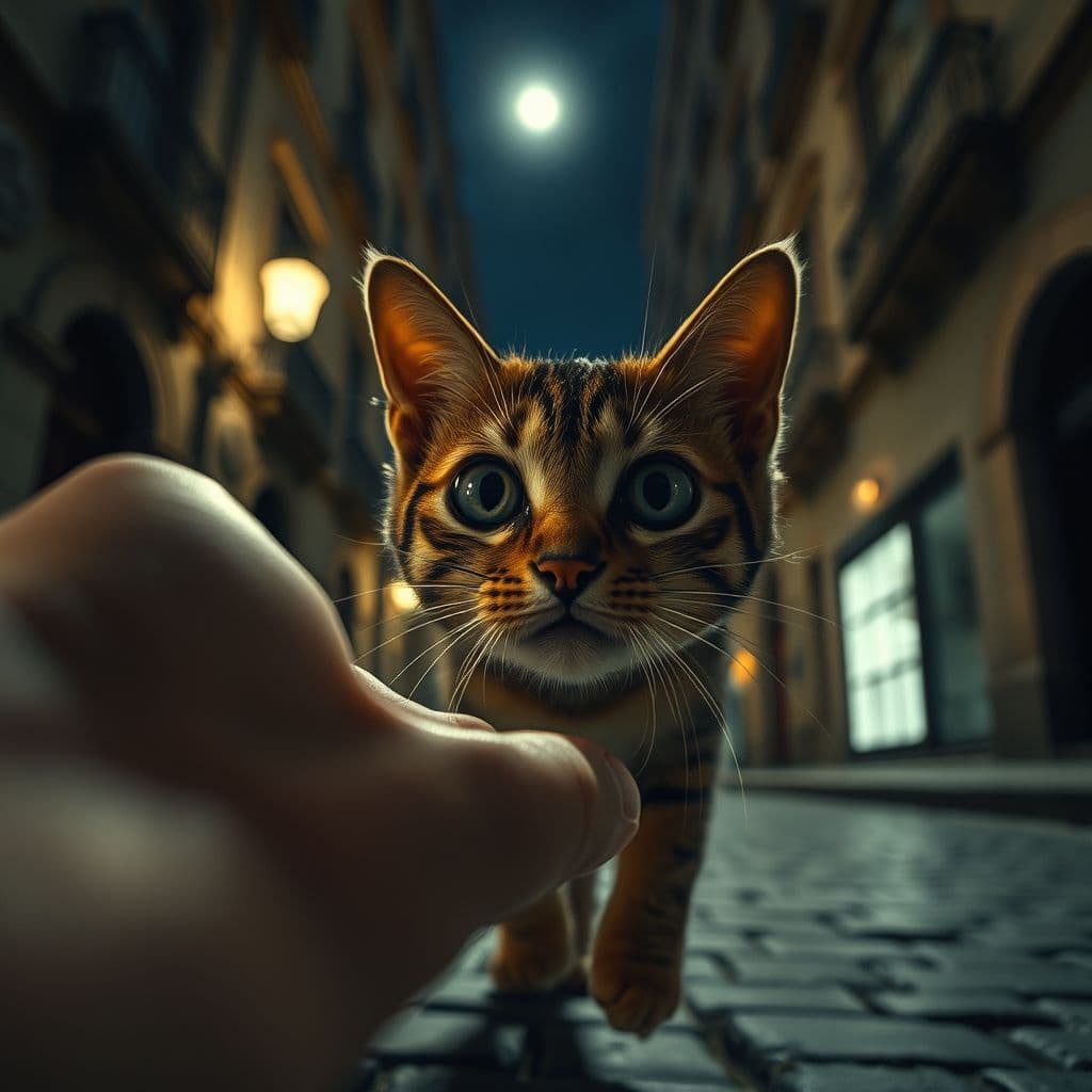 Gato asustado retrocediendo de una mano