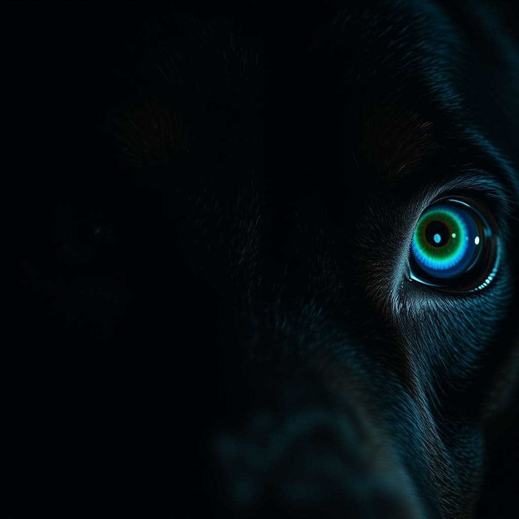 Ojos de perro brillando intensamente en la oscuridad con reflejo verde azulado