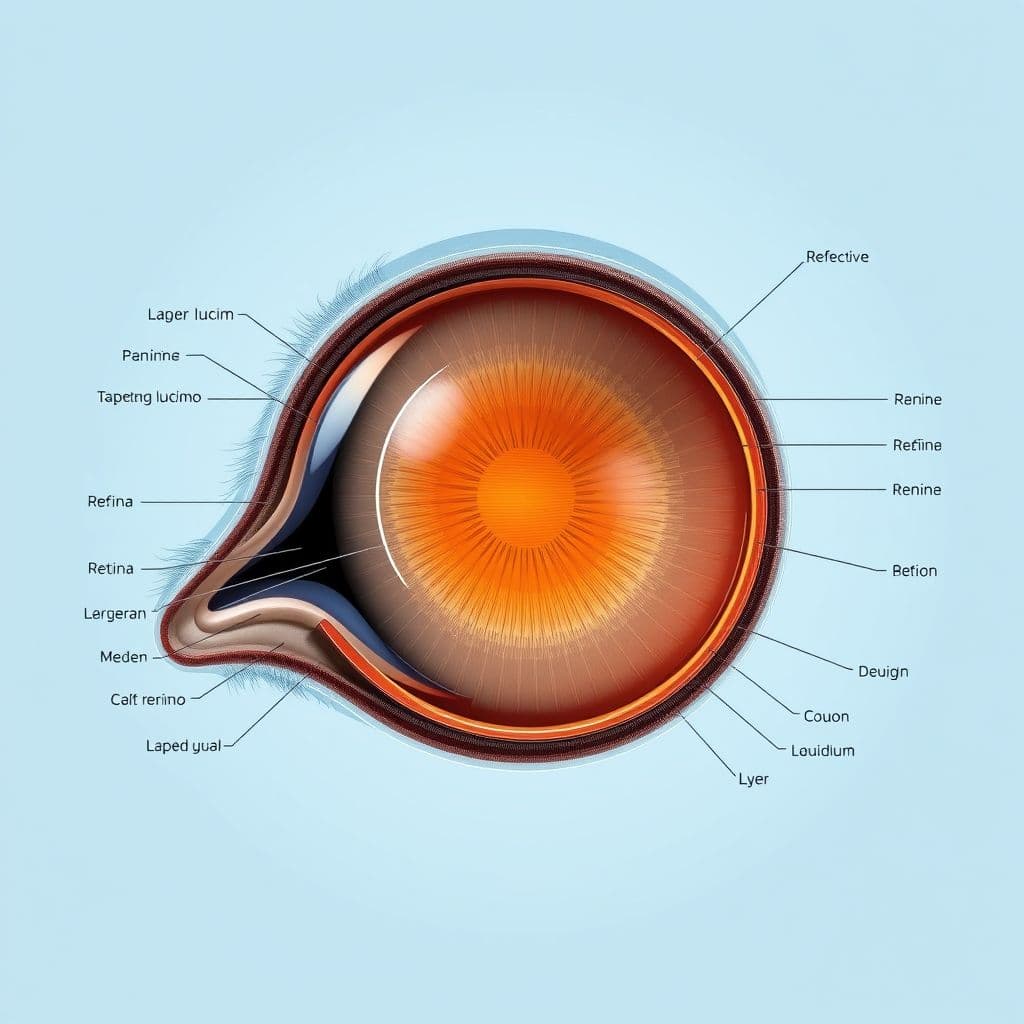 Diagrama anatómico del ojo canino mostrando la ubicación del tapetum lucidum