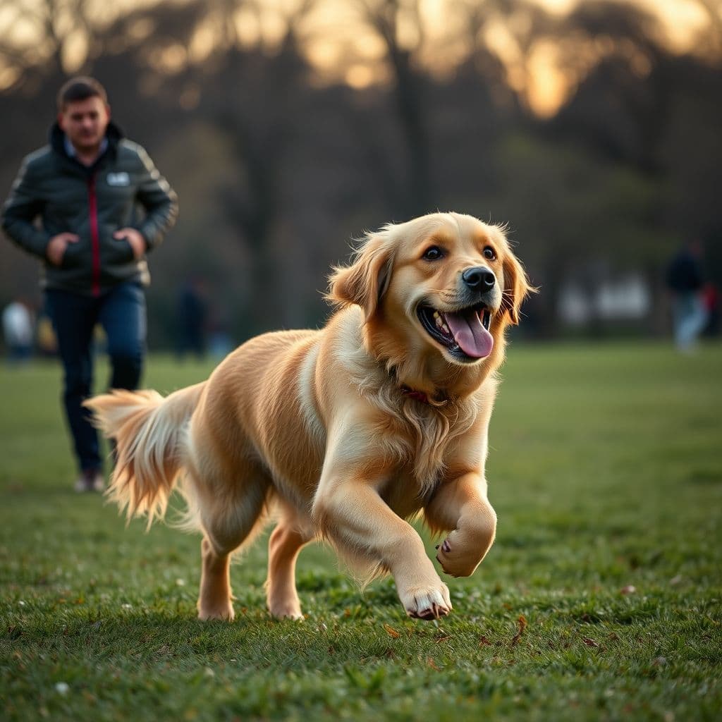 Perro feliz corriendo en el parque con dueño, mostrando un estilo de vida activo y saludable.