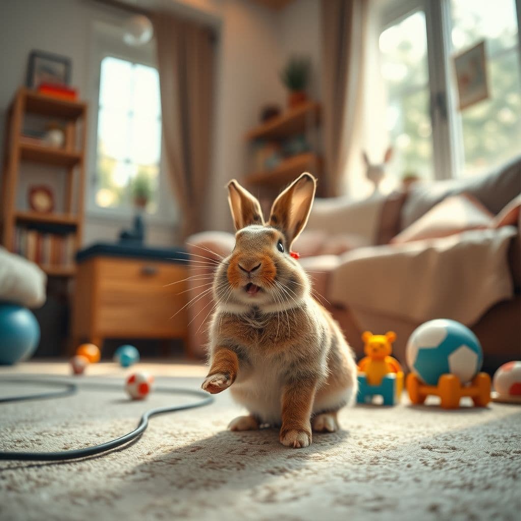 Conejo feliz explorando una habitación segura y adaptada en una casa