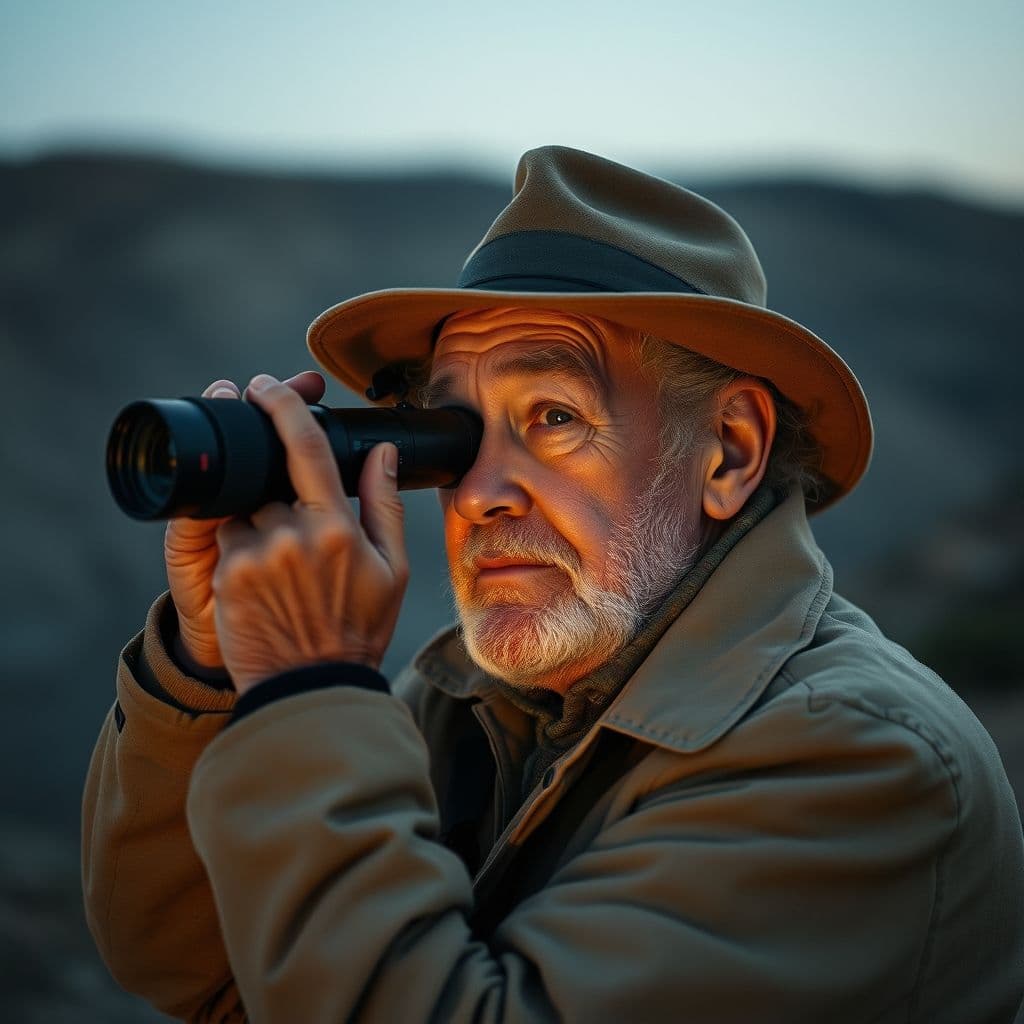 Félix Rodríguez de la Fuente observando la naturaleza con binoculares, al atardecer.