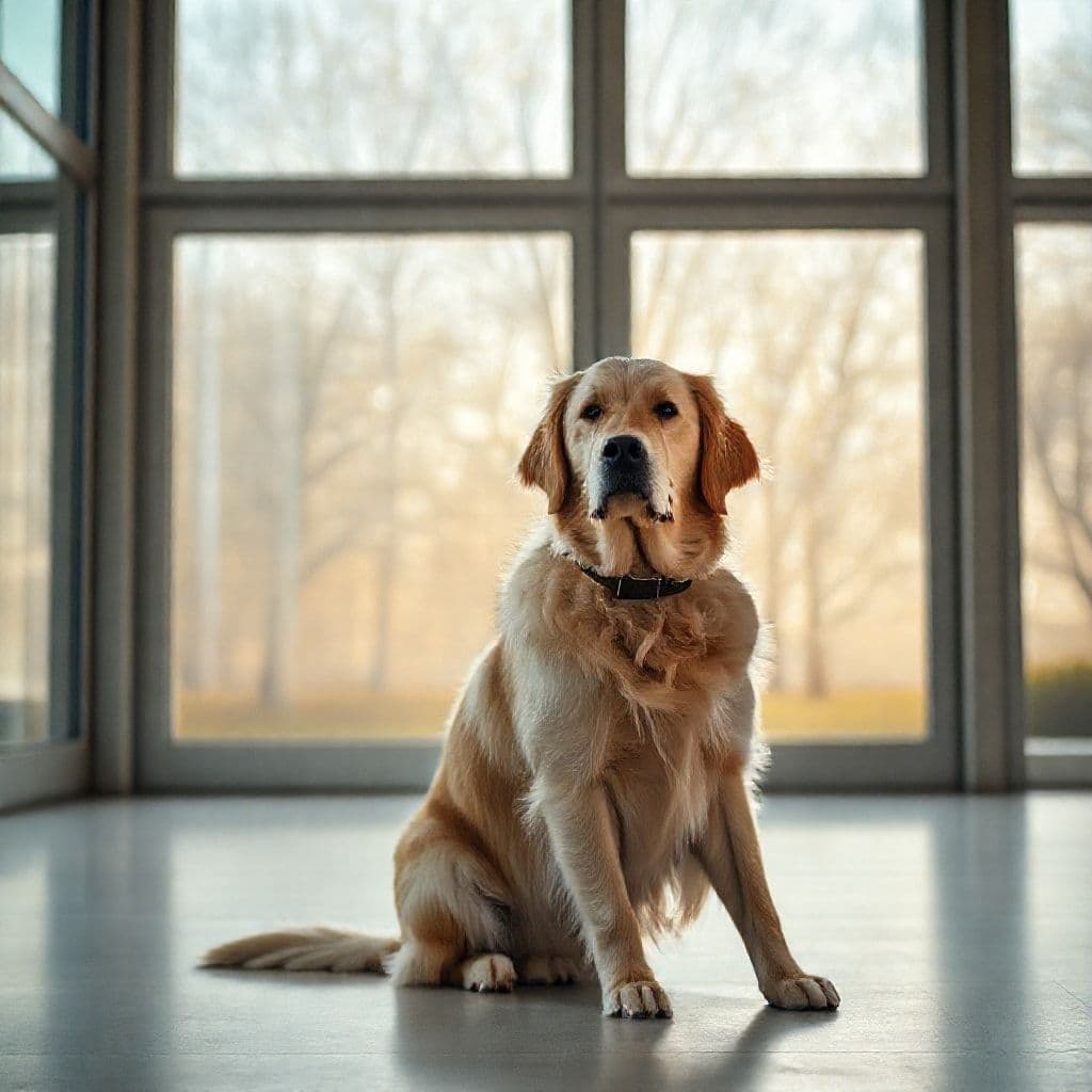 Perro tranquilo esperando que le pongan el collar para salir a pasear