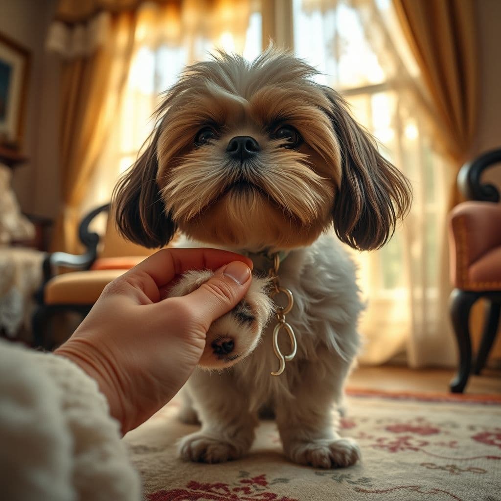 Aplicación de aceite de girasol en las patas de un perro shih tzu en un ambiente doméstico