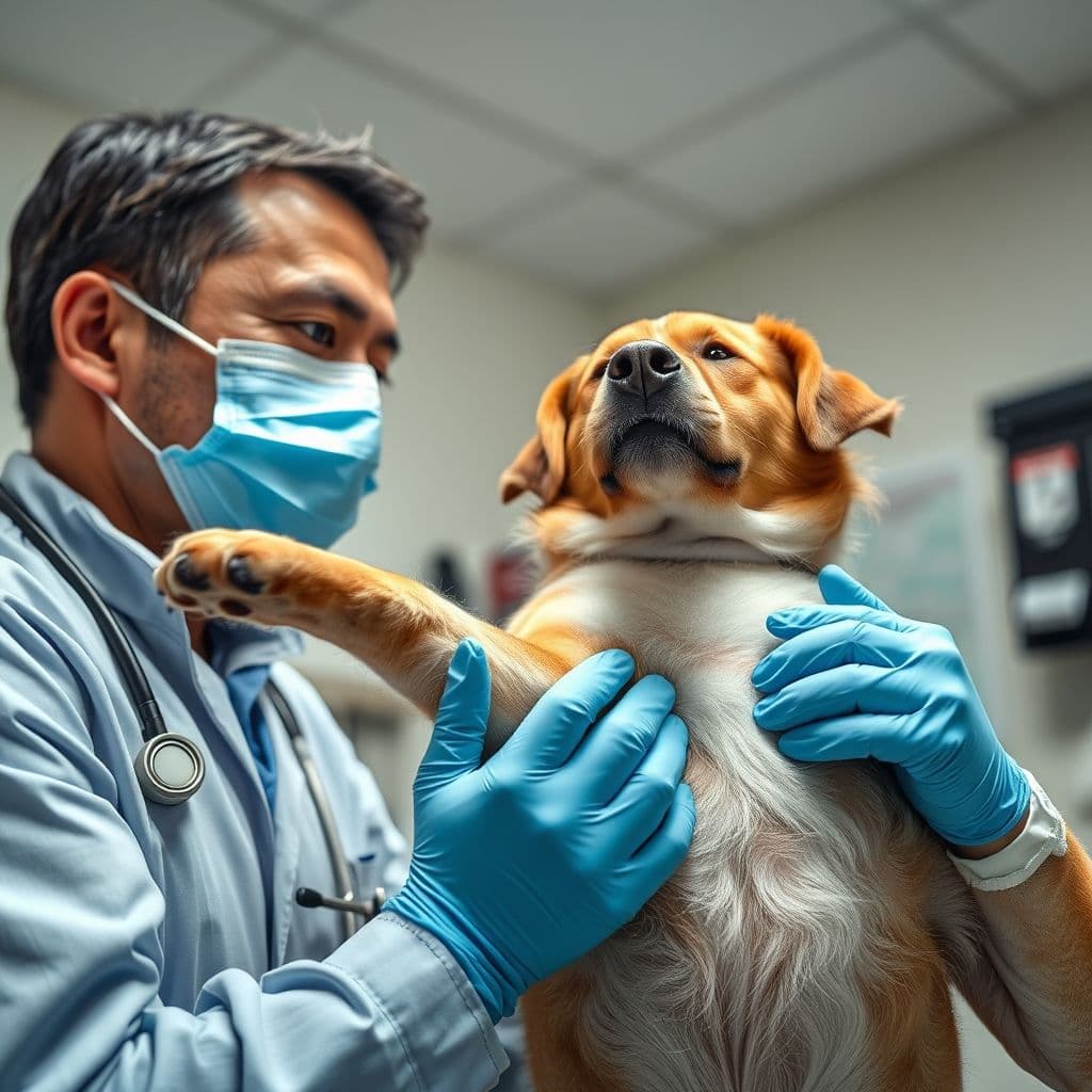 Veterinario examinando cuidadosamente la pata de un perro