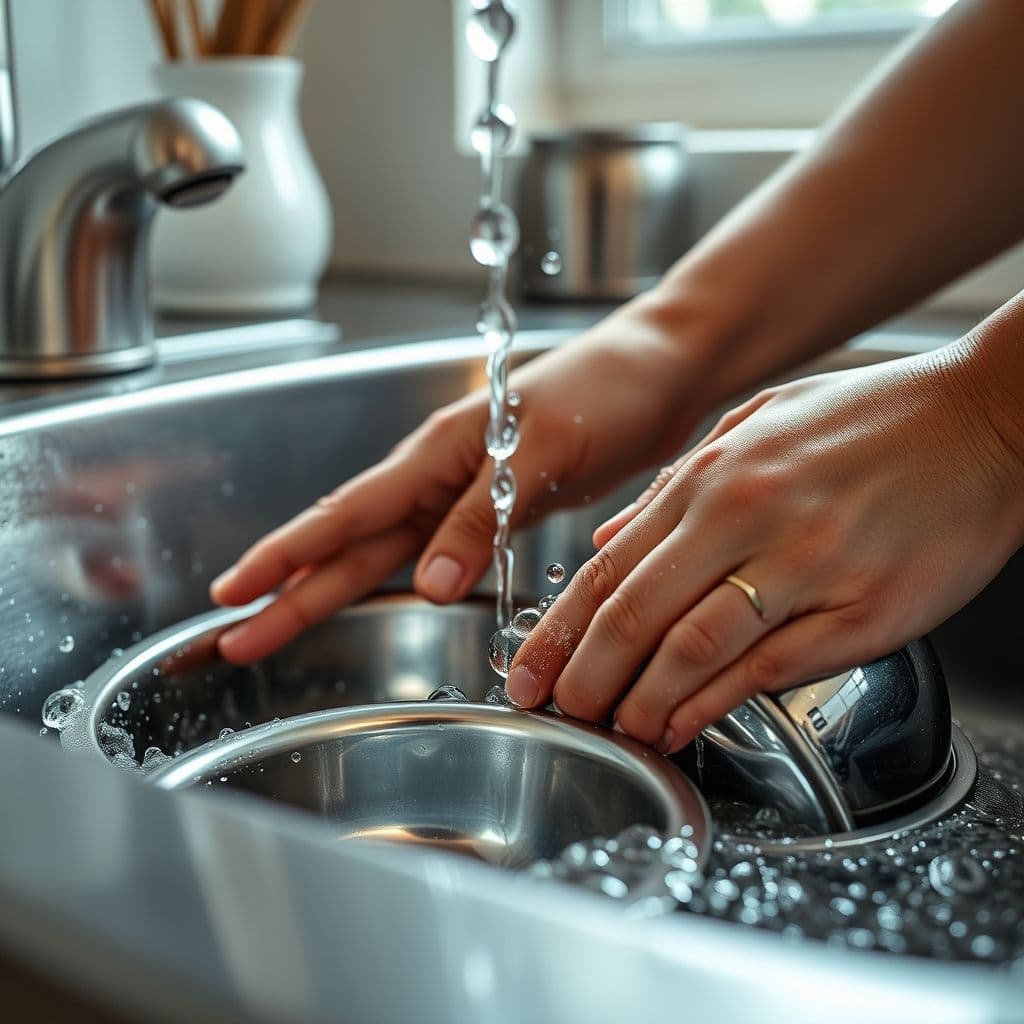 Persona lavando cuencos de perro en el fregadero